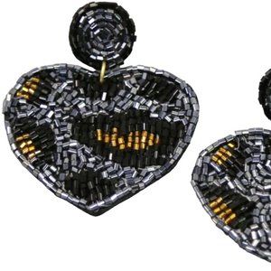 Viola Beaded Leopard Print Heart Earrings Black Silver NWT